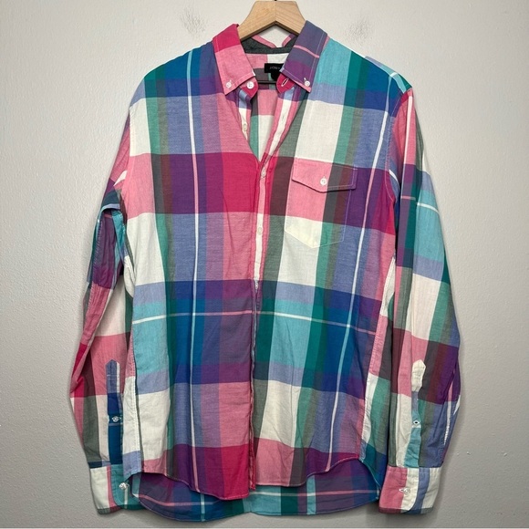 J. Crew Men Shirt Medium Madras Plaid Pocket Holiday Button Down Pink Cream Blue - Picture 1 of 8